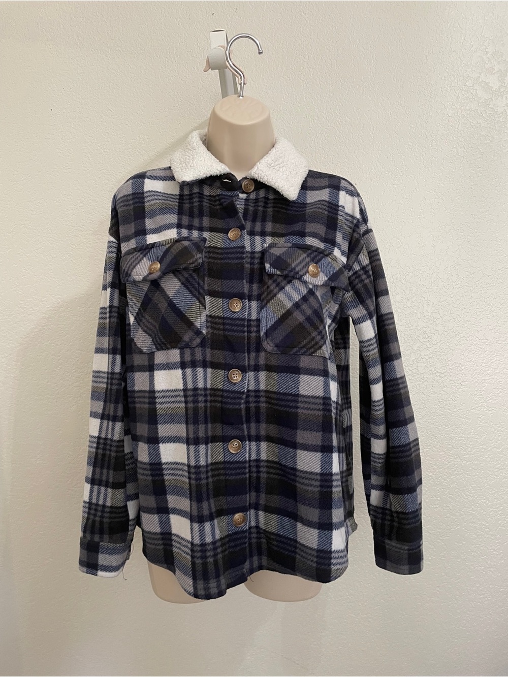 Almost Famous Navy, White, Blue & Gray Plaid Sherpa Collar Jacket